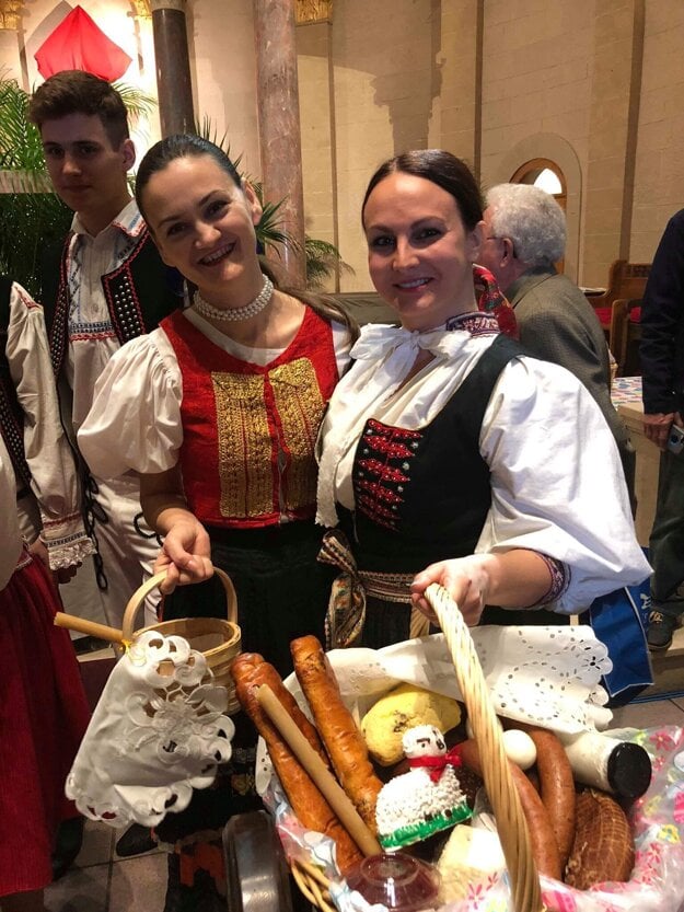 Catalina Novakova Grab (right) in Slovak folk costume in New York.