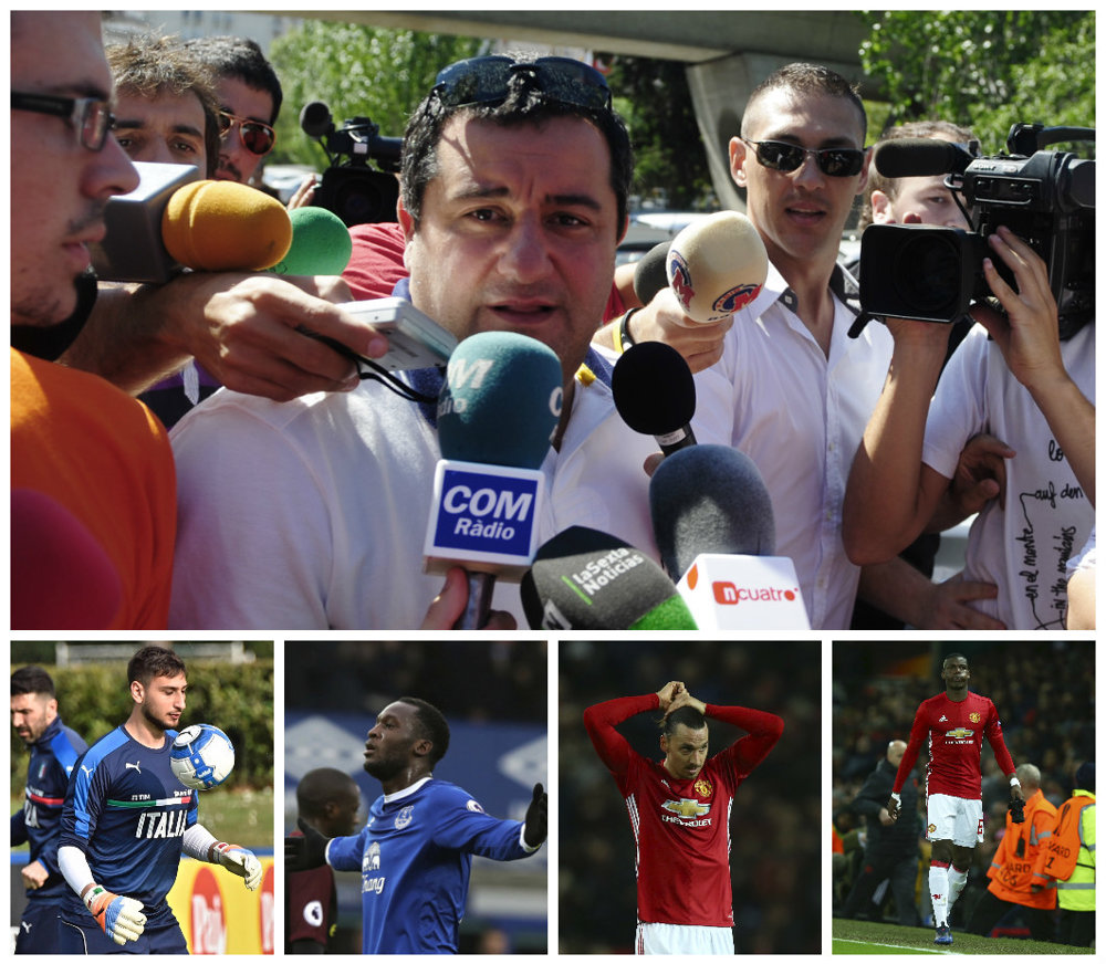 Mino Raiola (hore) a jeho najhviezdnejší klienti. Zľava Gianluigi Donnarumma, Romelu Lukaku, Zlatan Ibrahimovic a Paul Pogba.