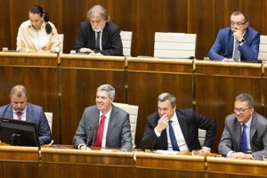 Na snímke doľný rad zľava podpredsedovia NR SR Andrej Hrnčiar (Most-Híd), Béla Bugár (Most-Híd), predseda NR SR Andrej Danko (SNS) a podpredseda NR SR Martin Glváč (Smer-SD), horný rad zľava poslanci NR SR Jana Bašistová (nezaradená), Dušan Jarjabek (SMER-SD) a Róbert Puci (SMER-SD).