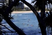 Surferi pri pláži Greenmount Beach v lokalite Southern Gold Coast area na východe Austrálie.
