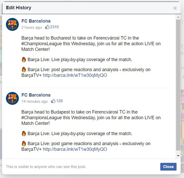 Pôvodný a opravený status na facebooku FC Barcelona.