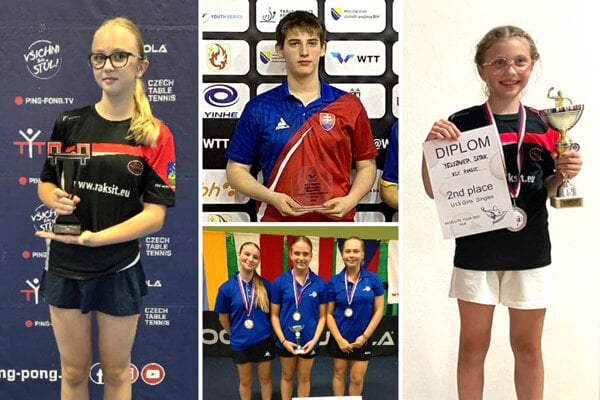 Mladí nitrianski stolní tenisti. Vľavo Sofia Trusková, v strede Pavol Kokavec, vpravo Liza Sitak. Dolu trojica Vašková, Vanišová, Ďurišová. 