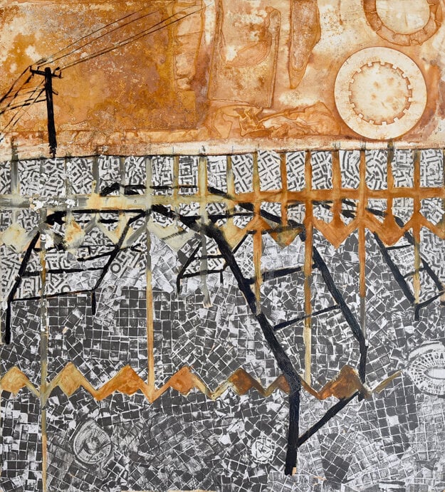 VNÚTROBLOCK, 2024, hrdza, frotáž, olej a koláž na plátne, 220 x 200 cm. (zdroj: Matej Kukučka)