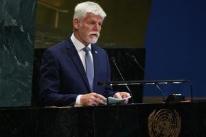 Český prezident Petr Pavel počas prejavu na Valnom zhromaždení Organizácie spojených národov v New Yorku.