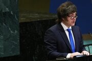 Argentínsky prezident Javier Milei počas prejavu.