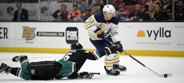 Brandon Montour z Anaheimu sa snaží zastaviť Jeffa Skinnera.