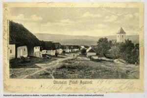 Najstarší zachovaný pohľad na dedinu. V pozadí kostol z roku 1711 s pôvodnou vežou.