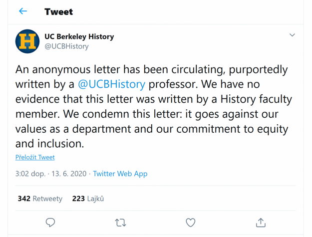 Tvít kalifornskej univerzity v Berkeley k anonymnému dopisu.