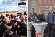 Medzi protestujúcimi v Šuranoch bol aj Marián Kotleba (vľavo v zelenom). Ministerka Denisa Saková (vpravo) sa v Šuranoch tiež zúčasnila výjazdového rokovania vlády.