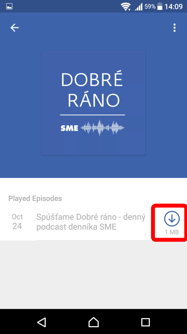 Uvidíte zoznam epizód podcastu. Ťuknite na ikonku šípky a podcast sa vám stiahne do zariadenia. Ikonka šípky sa zmení na ikonku pre začiatok prehrávania a podcast môžete spustiť.  (zdroj: SME)