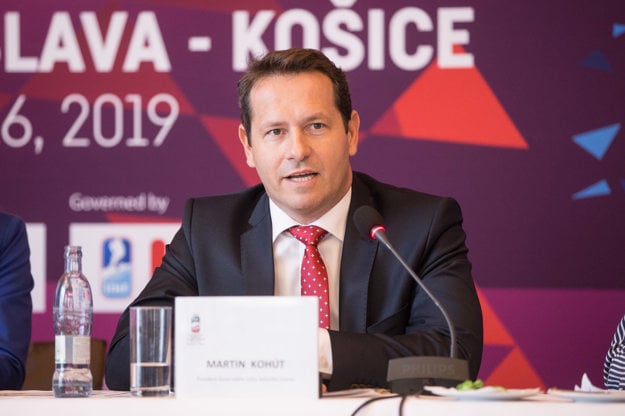 Prezident Slovenského zväzu ľadového hokeja Martin Kohút počas tlačovej konferencie organizačného výboru hokejových MS 2019 o novinkách v predaji vstupeniek.