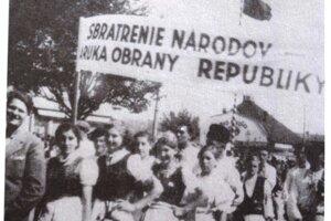 Záber z manifestácie, transparenty hlásali heslá o „sbratrení“ národov. 

