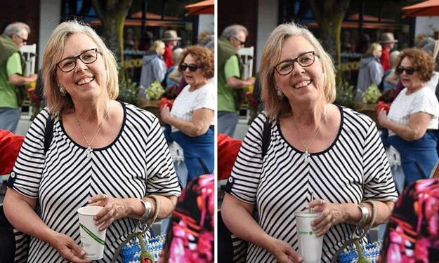 Elizabeth Mayová na pôvodnej a na upravenej fotke.