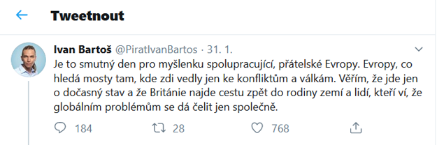Tvít Ivana Bartoša, šéfa českých Pirátov, k brexizu.