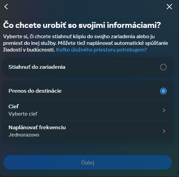 Ako zálohovať dáta: Vyberte si cieľ, kam chcete informácie z účtu stiahnuť.