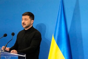 Ukrajinský prezident Volodymyr Zelenskyj počas konferencie v Ríme.