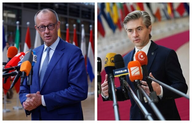 Nemecký kancelár Friedrich Merz a litovský minister zahraničia Kestutis Budrys. (zdroj: SITA/AP)
