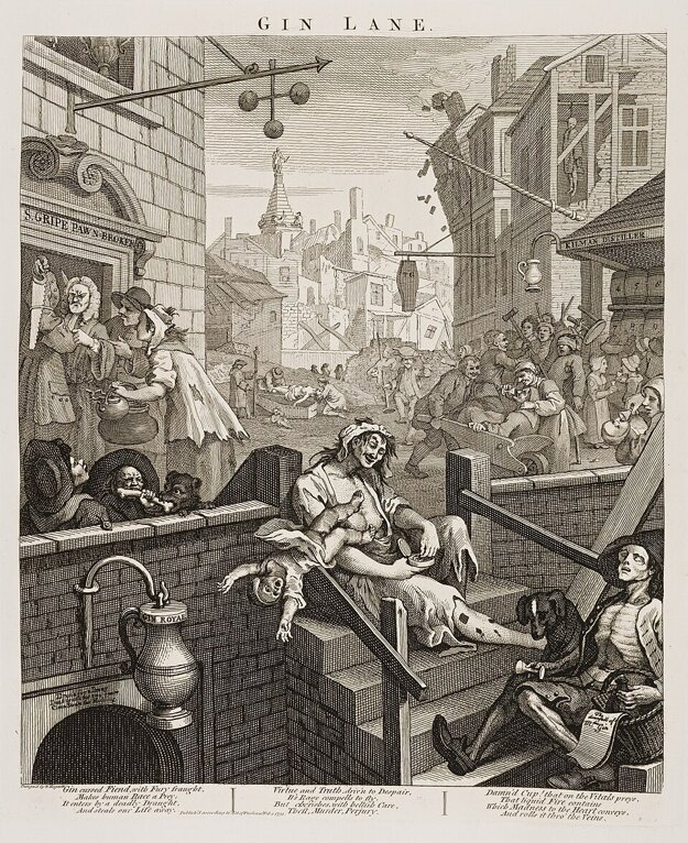 Nielen whisky, ale ani džinom mnohí nepohrdli. Ženy a muži v jeho opojení v slávnom obraze Džinová ulička (r. 1751) od anglického maliara Williama Hogartha. ZDROJ: (zdroj: wikimedia.org)