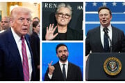 Vľavo prezident USA Donald Trump, v strede hore komička Rosie O'Donnell, v strede dole možný budúci starosta New Yorku Zohran Mamdani a vpravo Elon Musk.