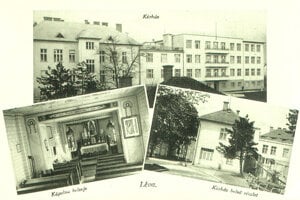 Dobová pohľadnica  zachytáva nemocnicu s pristavaným chirurgickým pavilónom, nemocničnú kaplnku a areál nemocnice.