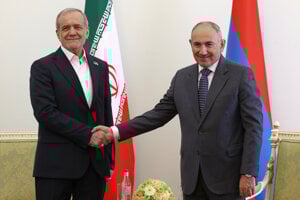 Arménsky premiér Nikol Pašinjan a iránsky prezident Masúd Pezeškijan.