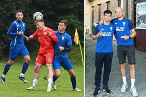 Na ľavej fotke v modrom hráči Volkoviec (A. Bachan, Da. Studený), ktoré sú stále bez straty. Vpravo M. Antl a M. Andrášik z V. Zálužia. 