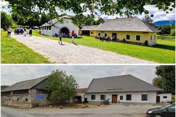 Vozáreň s obchodom Jána Dianovského v skanzene a ich originály, ktoré stoja dodnes. 
