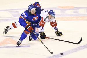 Na snímke zľava Marián Studenič (Slovensko) a Jakub Krejčík (ČR) v zápase Euro Hockey Challenge v ľadovom hokeji Slovensko - Česko v Trenčíne v piatok 26. apríla 2019.