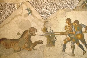 Byzantská mozaika znázorňuje dvoch venatores, ako lovia tigra v aréne pre pobavenie ľudí vo Veľkom paláci v Konštantínopole.