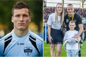 Kedysi a dnes. Vľavo Lukáš Štetina v debutovej sezóne za FC Nitra (2009/10), vpravo po májom víťazstve v Slovnaft Cupe s manželkou Martinou a synom Samuelom.