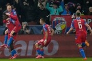 Futbalisti Viktorie Plzeň sa radujú z gólu.