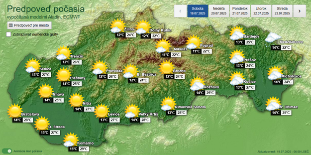 Predpoveď počasia na sobotu. Kliknite pre zväčšenie (zdroj: SHMÚ)