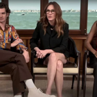 Zľava Andrew Garfield, Julia Roberts a Ayo Edebiri počas rozhovoru pre ArtsLife.