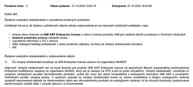 Odpoveď ministerstva na otázky potenciálneho dodávateľa (zdroj: www.ugo.gov.sk)