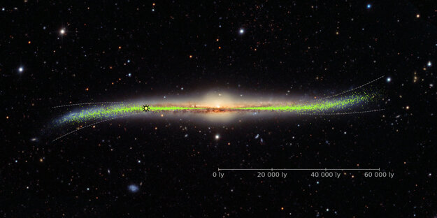 Rozmiestnenie cefeíd po Mliečnej ceste ukázalo prehnutý disk galaxie. Značka vľavo od stredu ukazuje pozíciu Slnka.