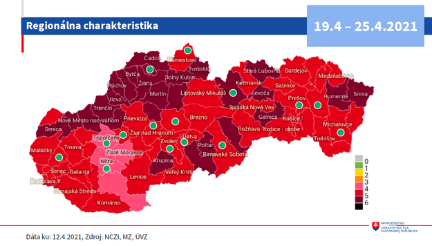 Mapa podľa okresov od 19.4.2021.