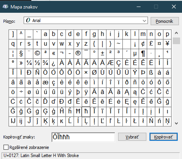 Aplikácia Mapa znakov, ktorú nájdete vo Windowse
