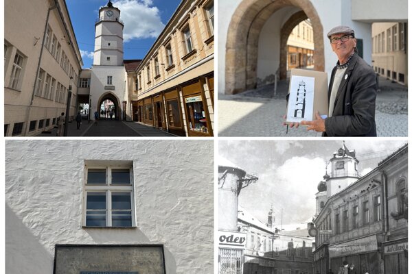 Mestská veža, nápis na veži a architekt Július Bruna pred vežou s klasickým gotickým lomeným oblúkom. Vpravo dole zimný pohľad na Sládkovičovu ulicu s Mestskou vežou v pozadí pred veľkými stavebnými úpravami centra mesta za socializmu.