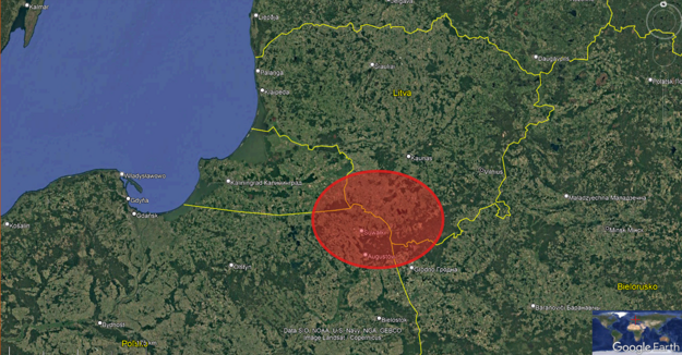 Suwalský koridor je jediné miesto pozemného spojenia s pobaltskými členmi NATO. Má šírku 60 kilometrov medzi ruským Kaliningradom a spojencom Ruska - Bieloruskom.  (zdroj: SME/Google Earth)