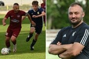 Hrajúci tréner Tovarník Adrián Candrák (vľavo s loptou) a kouč FC Topoľčany Pavol Baláž