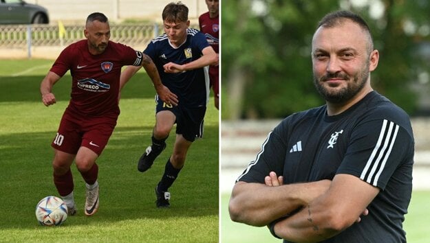 Hrajúci tréner Tovarník Adrián Candrák (vľavo s loptou) a kouč FC Topoľčany Pavol Baláž (zdroj: Peter Pargáč)