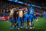 Slováci oslavujú gól v zápase  Slovensko - Nemecko (Kvalifikácia MS 2026)