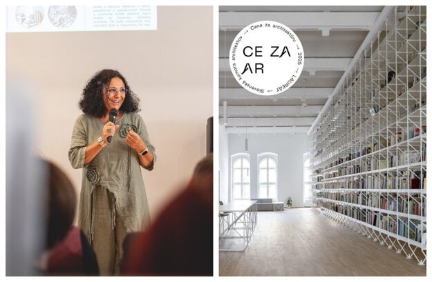 Iveta Hurná a ocenený interiér krajskej knižnice. (zdroj: Koláž - Zuzana Balenčin/PSK)