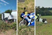 Foto zľava: Nehoda cisterny a dvoch osobných áut v roku 2023. Zrážka motorkára s autom v roku 2024 a auto na streche v októbri 2025.