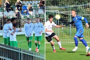 Vľavo radosť Novozámčana Mateja Palacku po víťaznom góle. Vpravo v modrom kapitán Gabčíkova Ladislav Szöcs. 