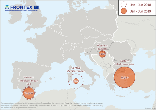 Mapka migrácie za prvý polrok 2019, ktorú zverejnila agentúra Frontex.