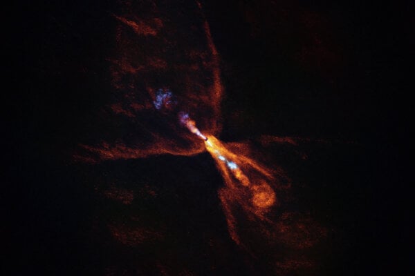 HOPS-315, mladá hviezda, pri ktorej astronómovia pozorovali dôkazy o prvých štádiách formovania planét. Obrázok zhotovila sústava rádioteleskopov ALMA.
