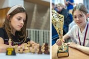 Timea Laurincová za šachovnicou a s pohárom pre majsterku SR v klasickom šachu