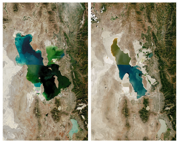 Veľké soľné jazero v roku 1985 (vľavo) a v roku 2022 (vpravo), keď dosiahlo rekordne nízku hladinu vody. (zdroj: NASA Earth Observatory)
