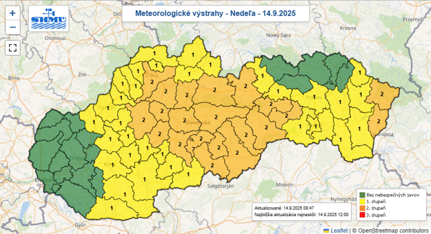 Meteorologické výstrahy na nedeľu. (zdroj: SHMÚ)